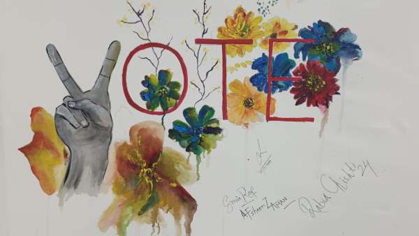 A drawing by some participants from our Intikhabi Mela - it depicts flowers and says VOTE