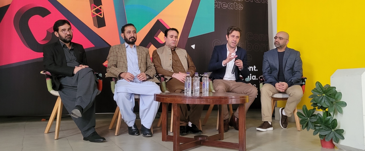 An image from the launch event of Civic Innovator Program that shows some of the panelists sitting on the stage: Usman Ghani Vice chancellor IMSciences, Dr. Taza Gul, Director S&T, Syed Mazhar Ali Shah. Additional Secretary Higher Education Department KP, Asim Ishaq Director NIC, Shaji Ahmed CEO Code for Pakistan